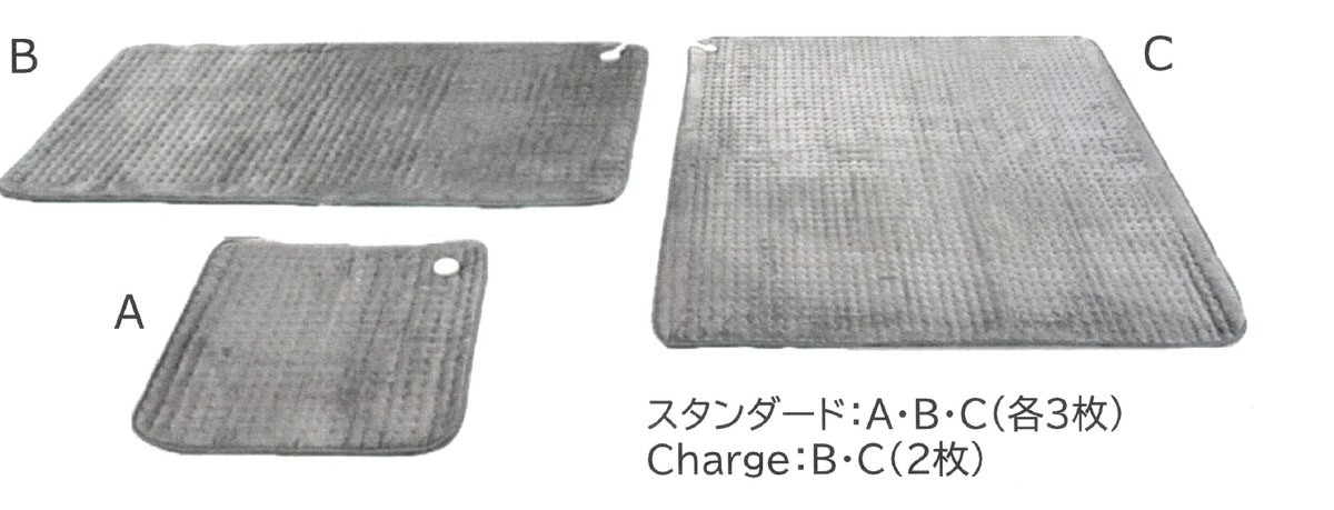 DENBA Health の専用電位マット3種。左奥がBタイプ(600×1200mm)の細長いマット、手前がAタイプ(500×500mm)の正方形の小型マット、右がCタイプ(1200×1200mm)の大きな正方形マット。いずれも灰色の布地で、角に接続用のコネクターが付いています。