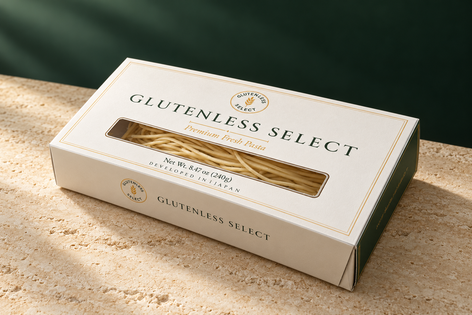 GLUTENLESS SELECTの240gパッケージ。実物写真をもとに背景・角度・内容量表記をAIで編集した商品イメージ。